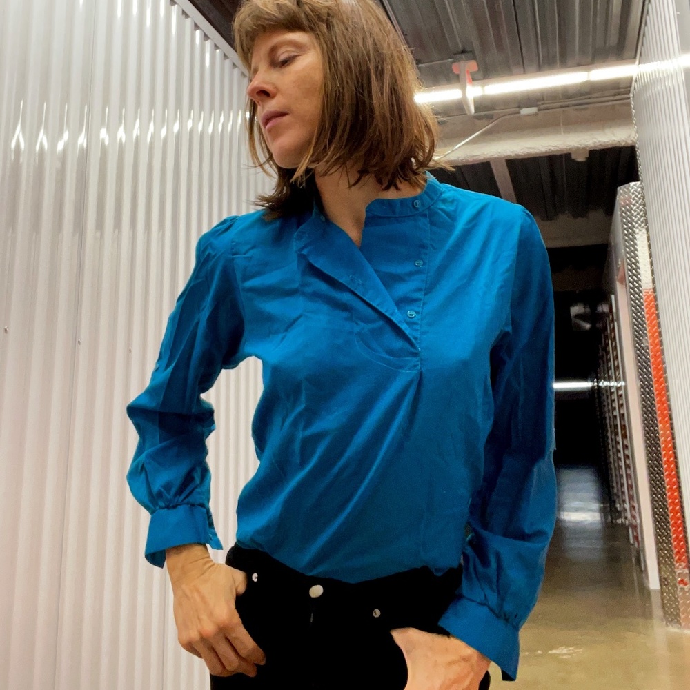 Bright Blue "You Babes" Vintage Blouse with Unique Collar Design